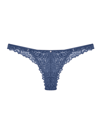 Thong Panties In Foliage Lace And Cedar Blue Hoop Detail