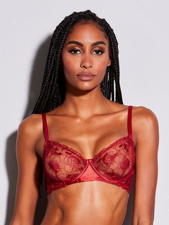 Half-cup bra in embroidered tulle and red satin Zaire