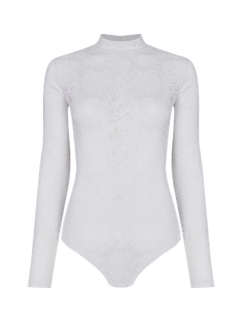 Long Sleeve Bodysuit With High Neck In White Lace