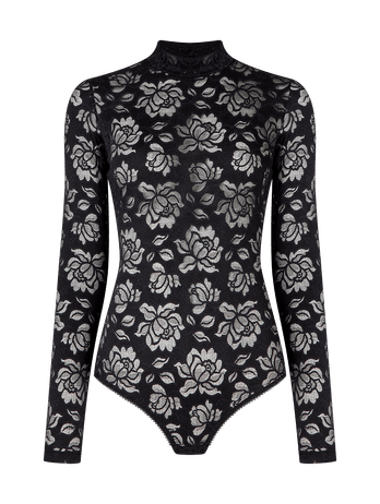 Long Sleeve Bodysuit With High Neck In Lace Black