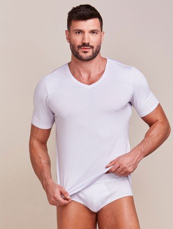 White Men's V-Neck Viscose Short Sleeve T-Shirt