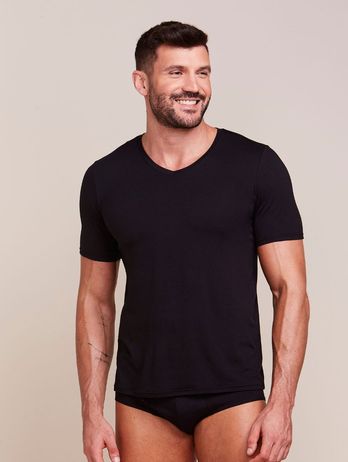 Black Men's V-Neck Viscose Short Sleeve T-Shirt