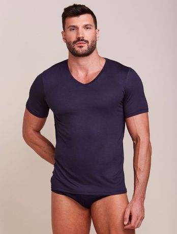 Men's V-Neck Viscose Short Sleeve T-Shirt Navy Blue Indigo