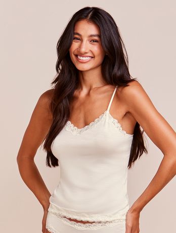 Thin Strap Modal T-Shirt with Off White Lace Detail