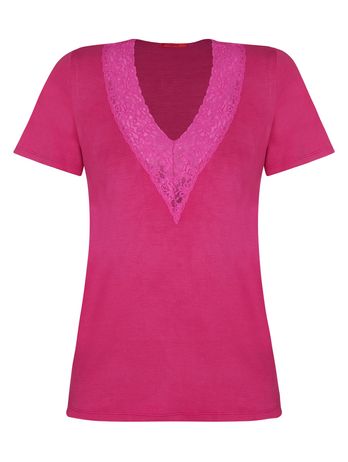 Short Sleeve Short Doll in Viscose With Pink Pitaya Lace
