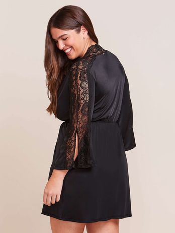 Black Crystal Lace And Microfiber Robe