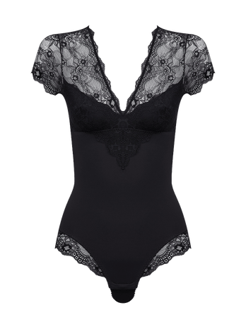 Black Lace and Microfiber Shaping Bodysuit