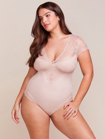 Beige Ballet Lace and Microfiber Shaping Bodysuit