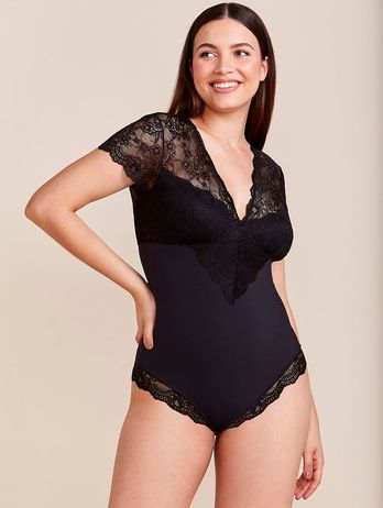 Black Lace and Microfiber Shaping Bodysuit