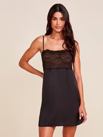 Black Celestial Satin and Lace Thin Strap Nightgown