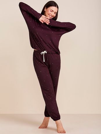 Long Pajamas In Viscose Dreams, Burgundy Print With Off-White Polka Dots