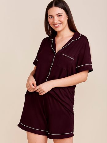 Short Doll In Viscose With Contrasting Flora Wine Burgundy Piping