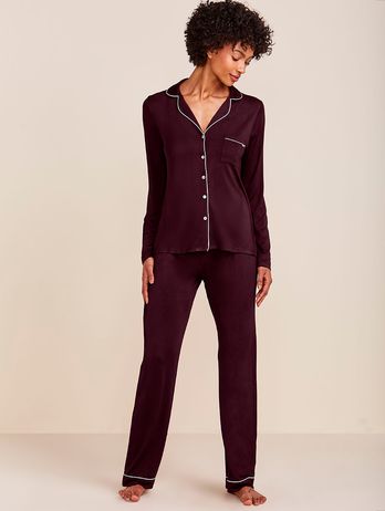 Long Viscose Pajamas with Contrasting Flora Wine-Brown Piping