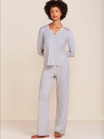 Long V-neck Pajamas in Viscose and Lace Moon Light Grey Blend