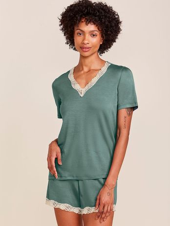Short Doll Short Sleeve In Viscose And Lace Moon Botanical Green