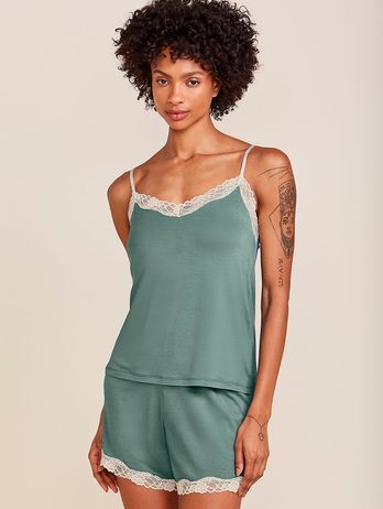 Short Doll Thin Straps In Viscose And Lace Moon Botanical Green