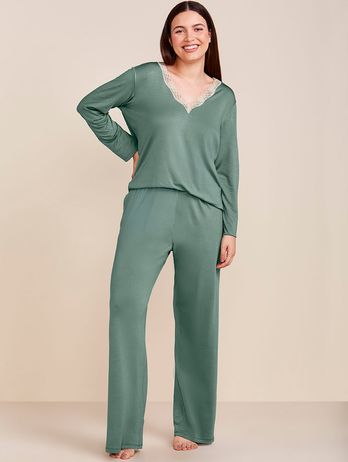 Long V-neck Pajamas in Viscose and Lace Moon Botanical Green