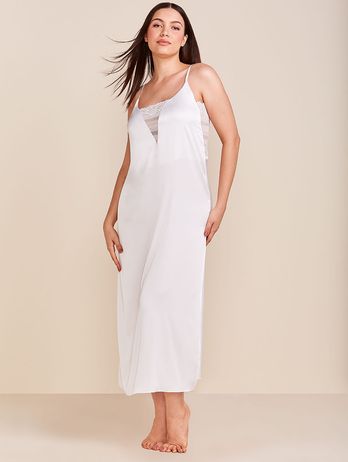 Long Nightgown with Thin Straps in Satin and Lace Valencia Honeymoon Off White