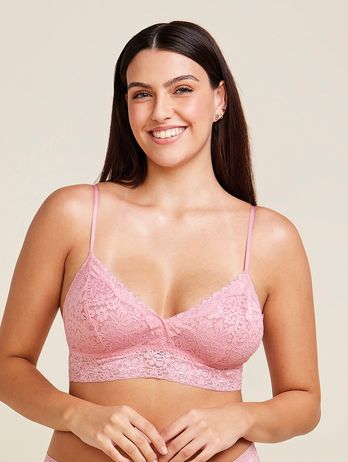 Triangle Top Bra With Removable Pads In Pink Cotton Lace